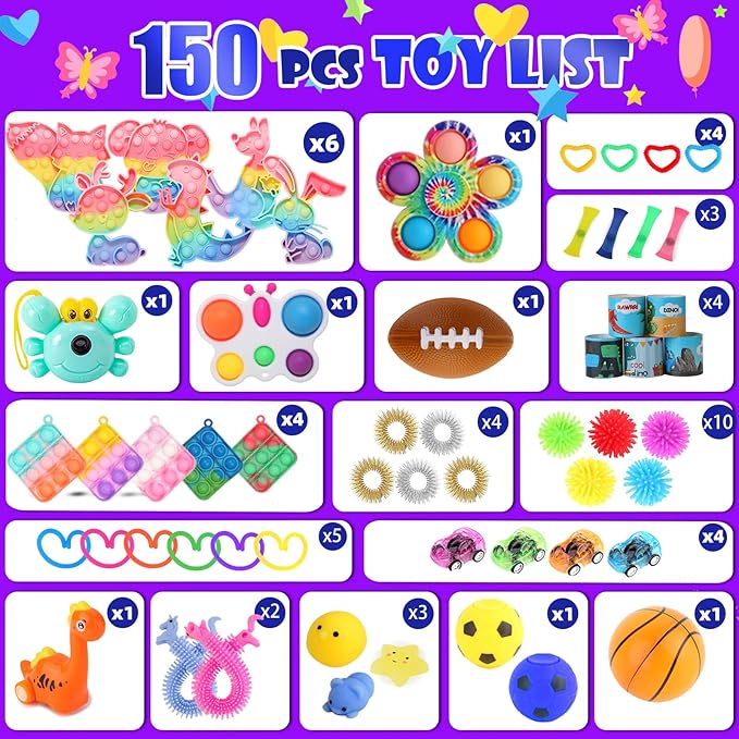 150Pcs Fidget Toys Pack, Bulk Party Favors for Kids, Stocking Stuffers, Treasure Box Chest, Birthday Party, Classroom Carnival Prizes, Pinata Stuffers, Goodie Bag Stuffers, Stress Relief, Sensory Toy