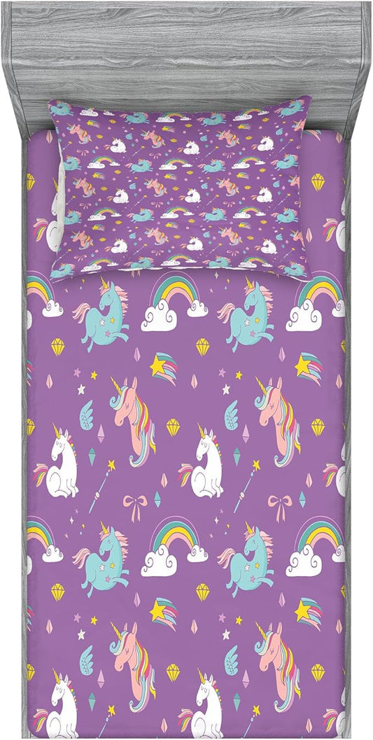 Ambesonne Magic Fitted Sheet & Pillow Sham Set, Unicorn and Rainbow Diamond Wand Pattern Girl Creature Print, Decorative Printed 2 Piece Bedding Decor Set, Twin, Violet