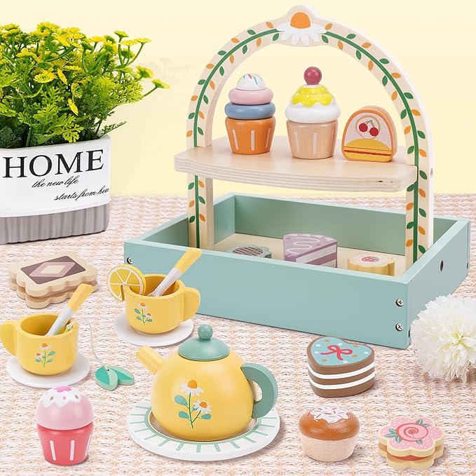 Wooden Tea Party Set for Little Girls, Tea Set Toddler Girl Toys, Pretend Play Tea Sets for Toddlers 3-5, Wooden Toys with Cupcake Stand & Play Kitchen Accessories for 3 4 5 6 Years Old Gifts