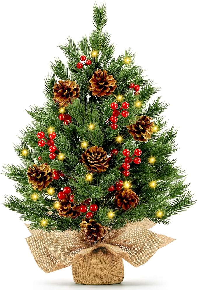 [ 8 Modes & Timer] 24 Inch Realistic Tabletop Christmas Tree Small Christmas Tree with 50 Warm Lights Battery Operated Red Berries Pine Cone Burlap Base Indoor Home Table Christmas Decorations