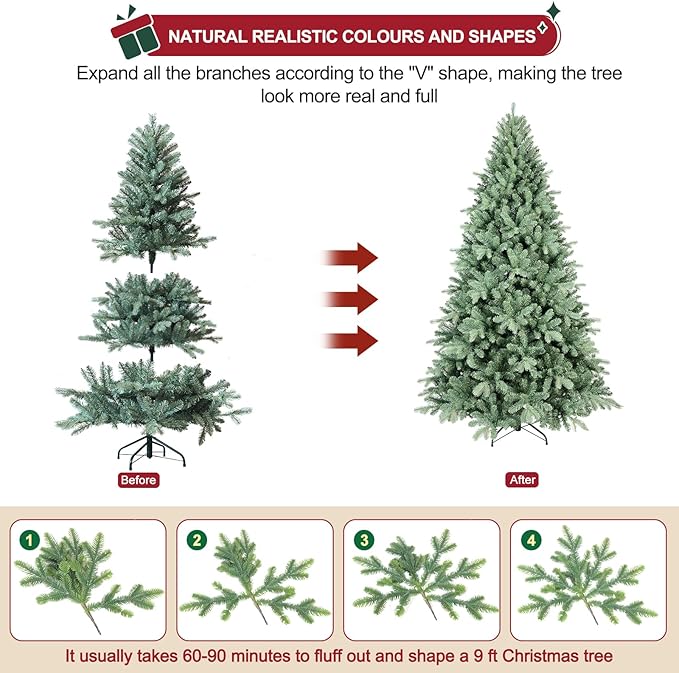 Spruce Christmas Tree 7ft, Premium Artificial Hinged Christmas Tree with 1845 PE & PVC Branch Tips，Xmas Trees for Home, Xmas Decoration