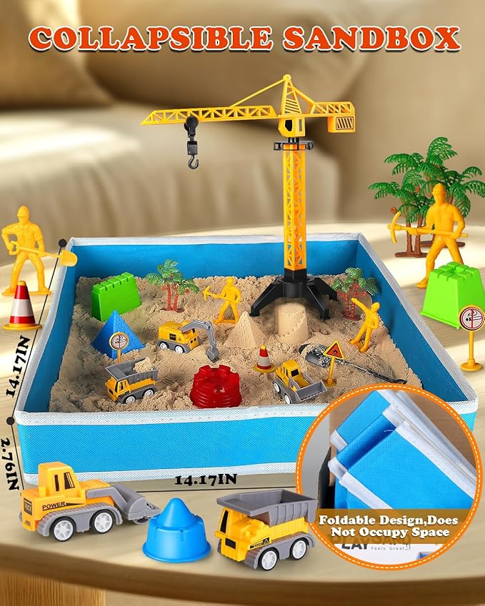 Sand Construction Site Kits, Construction Sensory Bins for Toddlers, Magic Play Sand Moldable Dream Folding Sand Boxes Zone Storage Container Castle Truck Sets Toys Bun for Kids Boys Girls