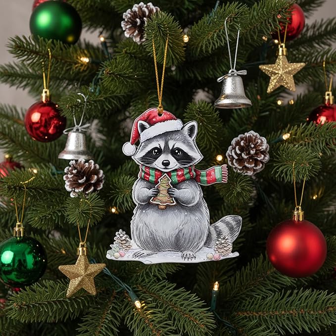 6 Pcs Acrylic Christmas Raccoon Ornaments for Christmas Tree Decor, Cute Raccoon Hanging Decorations for Family, Friends & Holiday Festivities