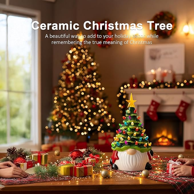 Ceramic Gnome Christmas Tree, Christmas Decor Indoor with 54 Multi-Colored Lights, Pre-Light Hand-Painted Hoilday Tree with 5-Pointed Star for Tabletop Decorative Xmas Decorations