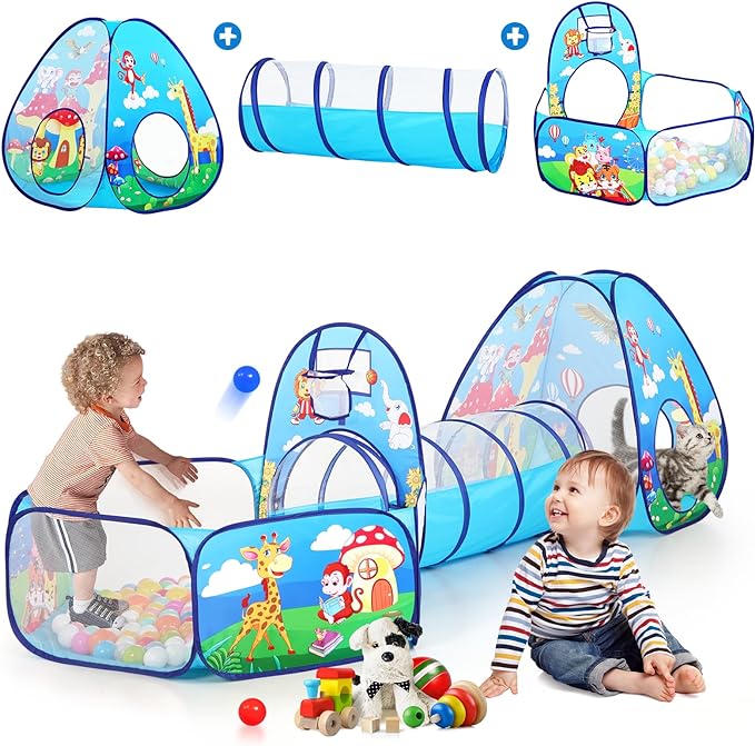 3pc Kids Play Tent with Play Tunnel and Ball Pit, Toddler Tent for Girls and Boys Indoor Playhouse, Gift Toys for Babies (Balls NOT Included)