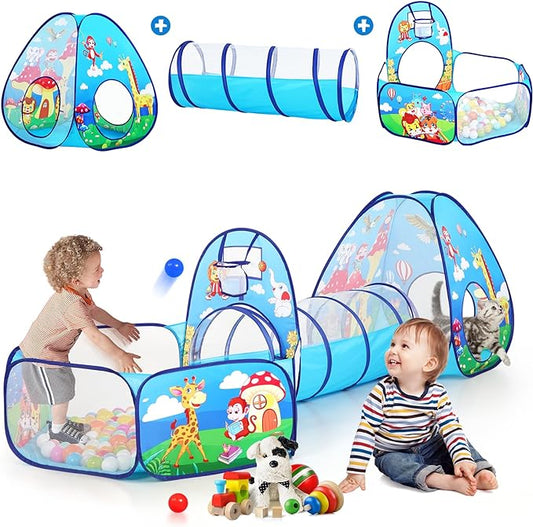 3pc Kids Play Tent with Play Tunnel and Ball Pit, Toddler Tent for Girls and Boys Indoor Playhouse, Gift Toys for Babies (Balls NOT Included)
