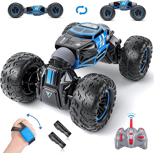 Powerextra Gesture Sensing RC Car, 1:16 Scale Outdoor Remote Control 4WD Stunt Car, Double Side All Terrains Toy with Two Batteries, 50+ Mins Play Time for Kids & Boys