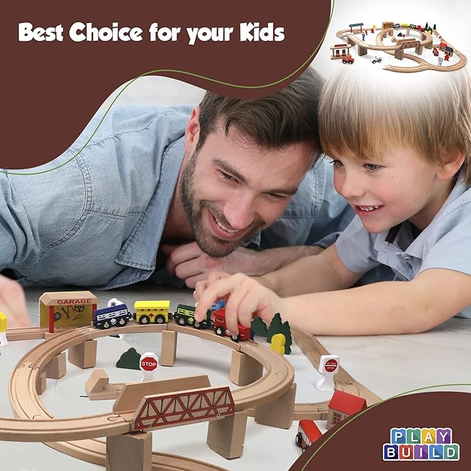 Wooden Train Set, Complete Toddler Train Set, Interactive Play & Learn Set, Creative Wooden Train Track Design, Premium Quality, Ages 3+ (80 Piece Set)
