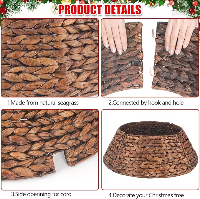 Christmas Tree Collar 24'' D Handmade Hyacinth Tree Collar Basket Rattan Wicker Christmas Woven Tree Ring Stand Base Cover for Christmas Holiday Decoration-Brown Washed