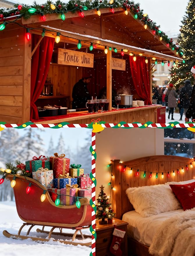 C7 LED Red White and Green Christmas Lights, 25Ft Outdoor Chritsmas String Lights Shatterproof with 27 LED Clear Multicolor Bulbs, Connectable Vintage Christmas Lights for Patio Garden Backyard Decor