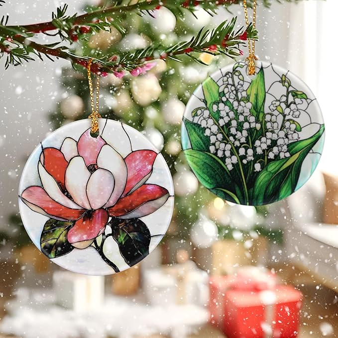 Magnolia Flower Ornament – Christmas Decoration & Christmas Ornament; Round Ceramic (Holiday Present, Bauble Present, Gift Idea, and Gift Exchange) | Heirloom Keepsake