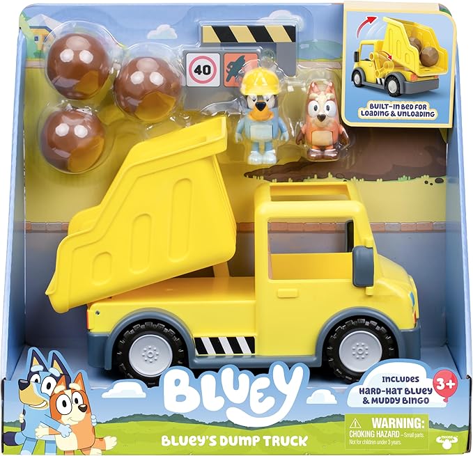Bluey Dump Truck Toy with Hard Hat Muddy Bingo Figures | Load & Unload Rocks - Includes Safety Signs & Stickers | for Kids Ages 3+