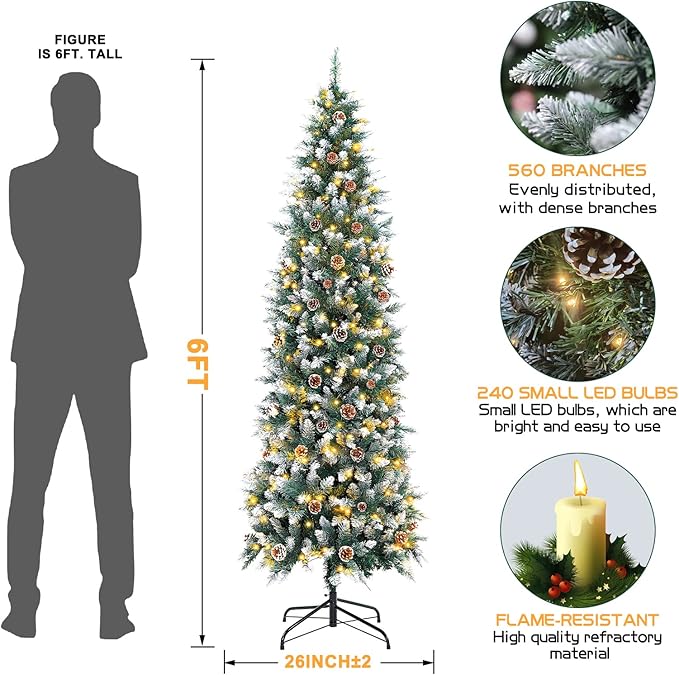 Prelit Pencil Christmas Tree with Lights, Skinny Artificial Christmas Tree, Indoor Fake Xmas Tree Holiday Decor (Warm White Lights, 6FT)