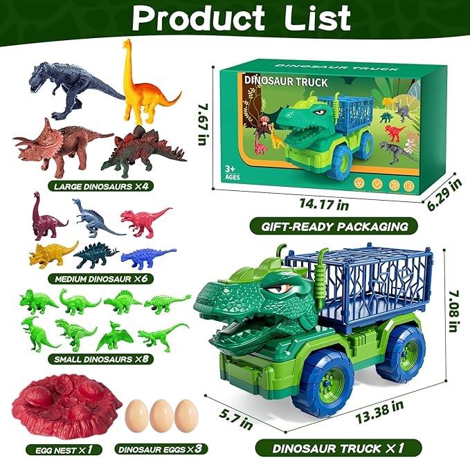 22 in 1 Toddler T-rex Dinosaur Truck Toy Set for Kids Boys 3-5 5-7, Tyrannosaurus Carrier Transport Truck with 18 Jurassic Dino Figures, Birthday Toy for Boys Girls 3 4 5 6 7 Years Old