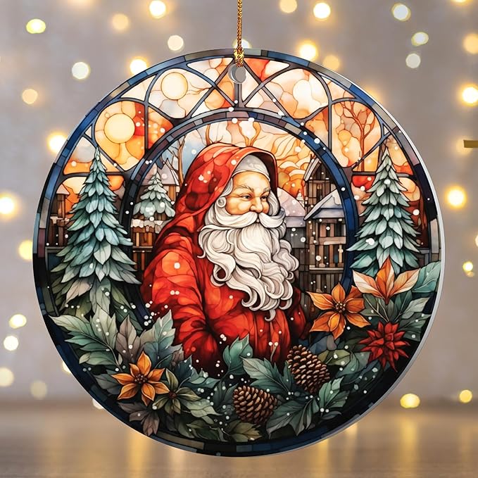 2025 Christmas Ornament – Vintage Santa Stained Glass Acrylic Ornament, Round Cathedral Window Design, Dated Navidad 2025 Decoration for Tree, Classic Holiday Santa Ornament Gift