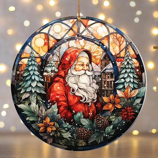 2025 Christmas Ornament – Vintage Santa Stained Glass Acrylic Ornament, Round Cathedral Window Design, Dated Navidad 2025 Decoration for Tree, Classic Holiday Santa Ornament Gift