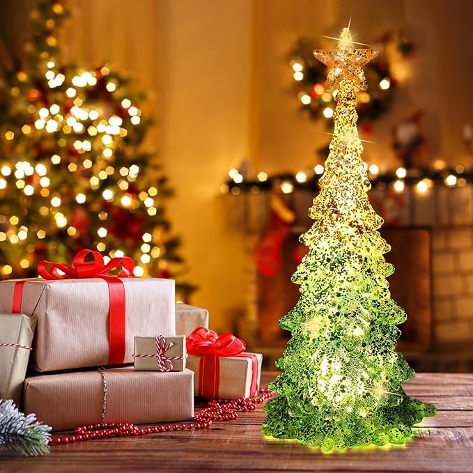 11 Inch Tabletop Christmas Tree with Sparkling Glitter - Battery Operated Acrylic Lighted Christmas Tree for Home Office Fireplace Christmas Holiday Decoration Festive Decor Gift, Warm White Glow