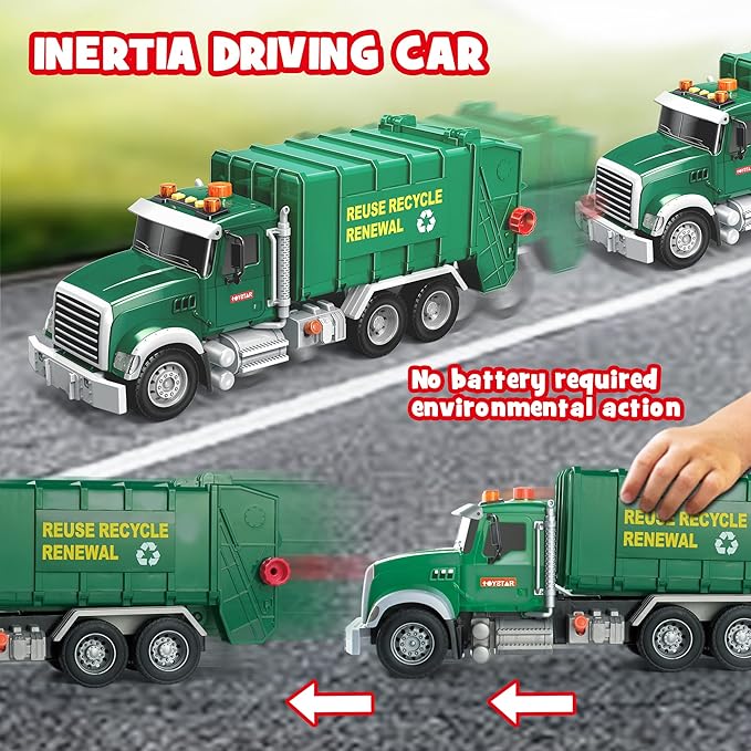 Dwi Dowellin Toddler Toys for 3 + Years Old Boys, 15" Large Garbage Truck Toy,Friction Powered Waste Management Garbage Truck with Lights and Sounds,3 Rear Loader Trash Cans,Kids Gift