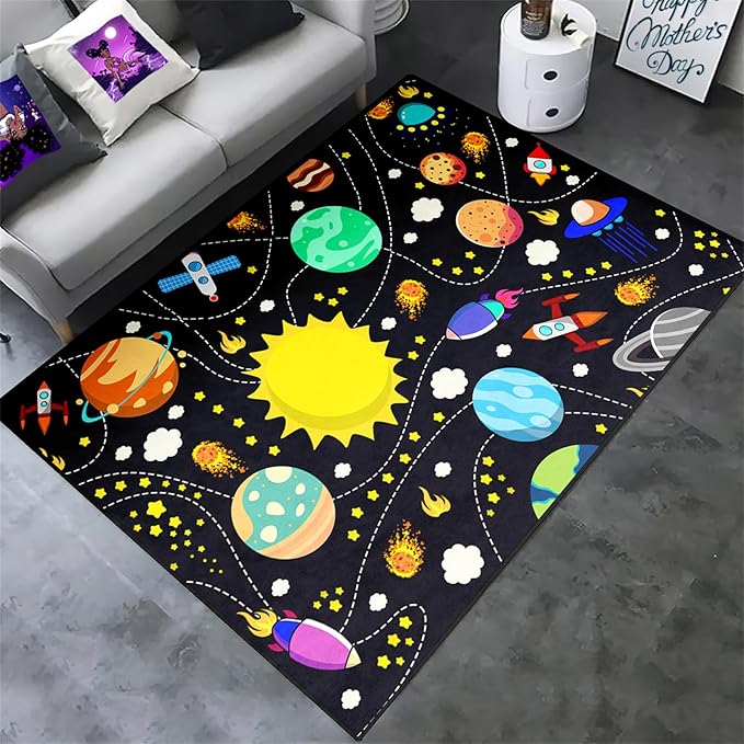 Outer Space Rug for Boys - Galaxy Carpet for Boys Room Cute Cartoon Universe Planet Area Rug Satellite Rockets Kids Baby Polyester Crystal Floor Mat Kids Play Carpet for Children Bedroom 3x4 ft