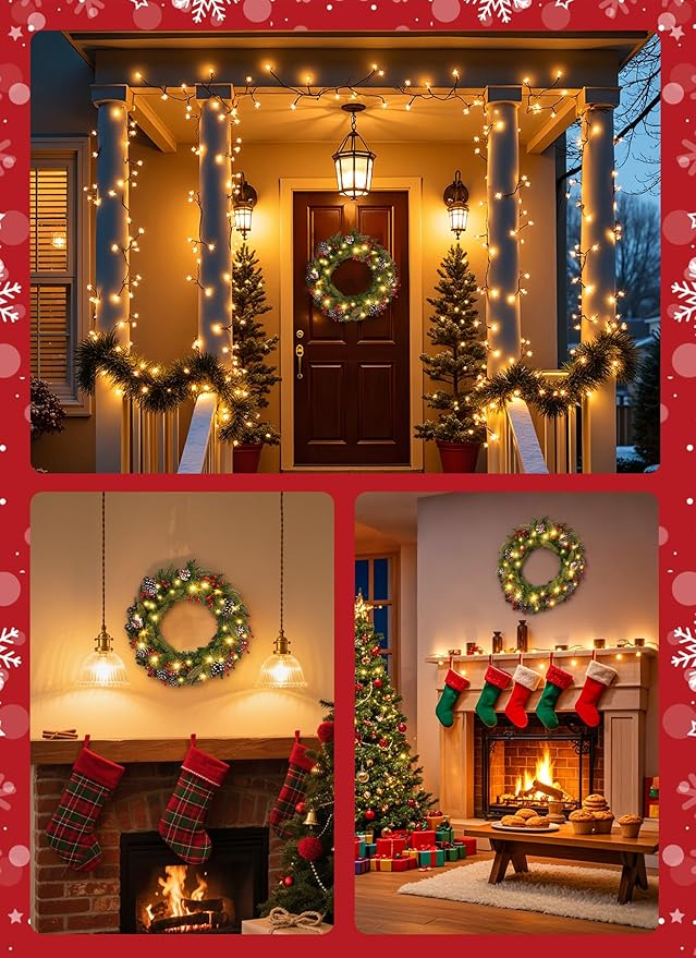 Brightown 24 Inch Pre-Lit Artificial Christmas Wreaths for Front Door,Christmas Decorations Indoor with Pine Cones & Berry Clusters, Christmas Wreath with 50 Lights for Fireplace Wall Window, Plug-in