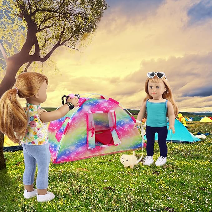 ZITA ELEMENT 7 Items Fashion Doll Camping Tent Set for 18 Inch Girl Doll Accessories - Including 18 Inch Doll Camping Tent, Sleeping Bag, Clothes Set, Shoes, Camera, Eye Glasses and Toy Dog