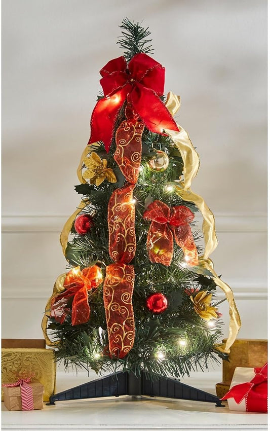 Fully Decorated Pre-Lit 2' Pop-Up Tabletop Christmas Tree - Red Gold