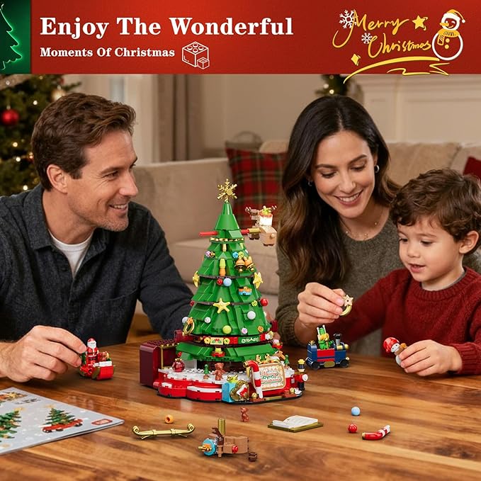 Christmas Tree Building Set with Lights, Christmas Tree Building Blocks Set with Music Box, Flying Reindeer, and Santa Claus Riding a Sleigh, Christmas Toy for Kids 8+ (881 PCS)
