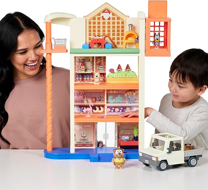 Bluey Hammerbarn Shopping Center Mega Set, 4 Level, 22" Tall Playset with Working Lift and Trolley Return, Lights and 45+ Sounds. 3 Figures. 15 Accessories & Tradie Ute Vehicle | Amazon Exclusive