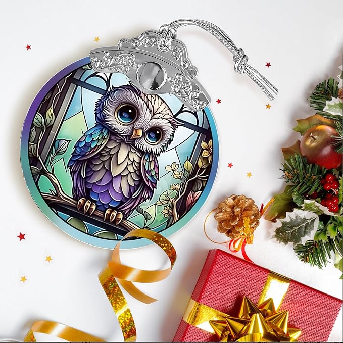 Owl Stained Glass Suncatcher and Christmas Ornament - Holidays Decor for Owl Lovers
