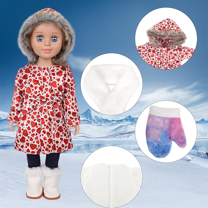 18-inch Doll Down Jacket, Winter Clothing, 5 Colors/Patterns, White-Red Heart Print, 18 inch Baby Doll Clothes, Accessories Set