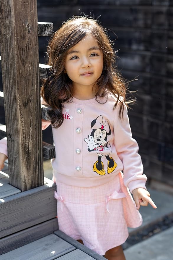 Disney Frozen Elsa Stitch Princess Moana Minnie Toddler Girl 2 Piece Outfit Kid Pearl Button Knit Top & Tweed Skirt Set 2-13Y