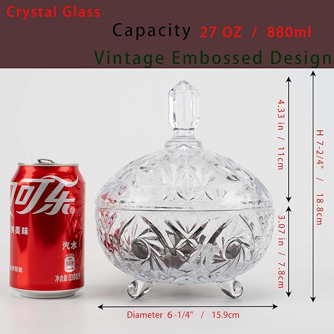 27oz Large Glass Candy Dish with Lid, Crystal Candy Bowl, Embossed Decorative Storage Jar for Office Desk, Jewelry Box, Biscuit, Christmas, Wedding, Birthday Gift