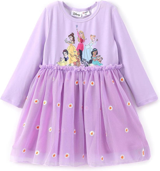 Disney Frozen Elsa Princess Cinderella Ariel Jasmine Rapunzel Baby/Toddler Dress, Ruffle Long-Sleeve Mesh Overlay Tulle Dress