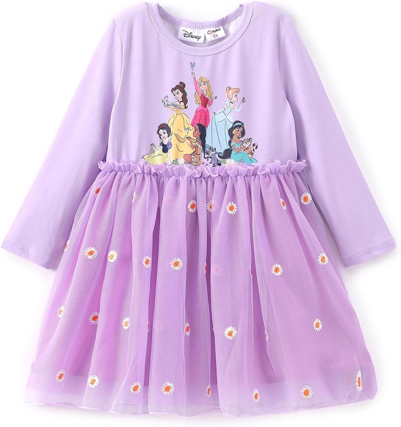 Disney Frozen Elsa Princess Cinderella Ariel Jasmine Rapunzel Baby/Toddler Dress, Ruffle Long-Sleeve Mesh Overlay Tulle Dress