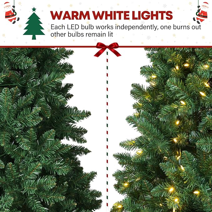 7.5 ft Lighted Artificial Christmas Tree, 450 Warm White LED Lights, 1450 PVC Branch Tips, Metal Stand and Hinged Branches for Home, Decorating