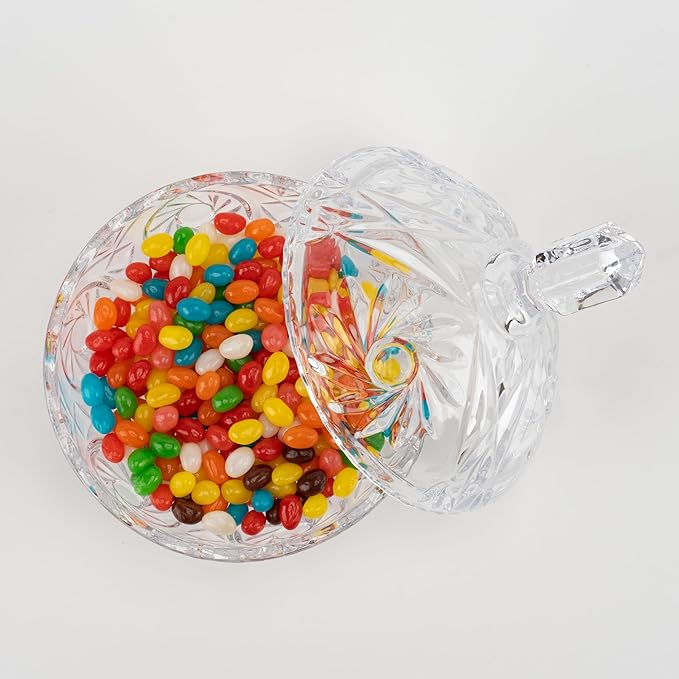 27oz Large Glass Candy Dish with Lid, Crystal Candy Bowl, Embossed Decorative Storage Jar for Office Desk, Jewelry Box, Biscuit, Christmas, Wedding, Birthday Gift