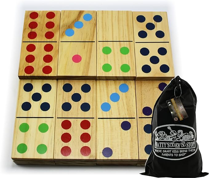 Matty's Toy Stop Deluxe Giant Wooden Dominoes Double Six (5") Color Dot, 28 Piece Set with Storage Bag