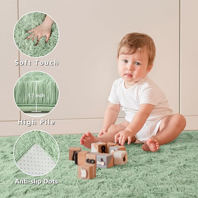 Nuttumico Fluffy Fuzzy Sage-Green Rugs for Bedroom, 5x8 Feet Soft Non Slip Plush Area Rug for Living Room, Kids Room, Indoor Modern Shaggy Rug for Nursery, Dorm, Home Decor