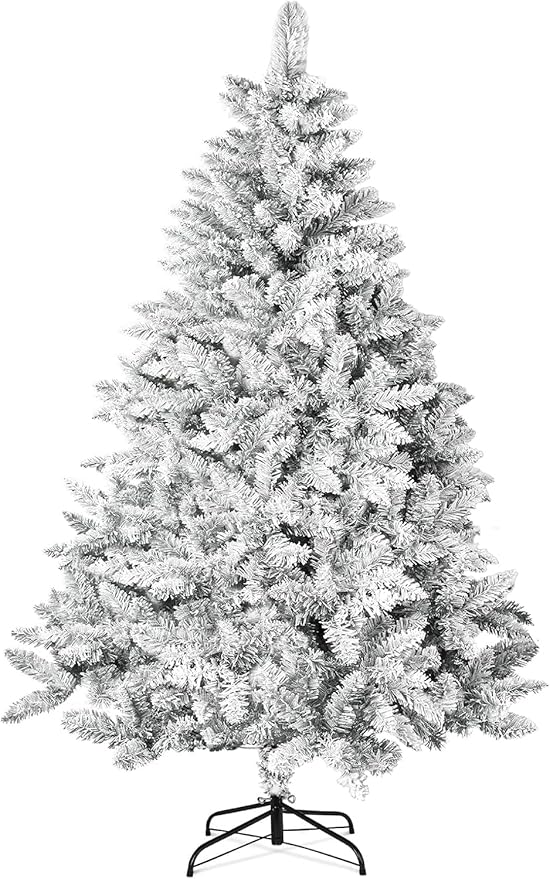 7FT Premium Artificial Christmas Tree, Snow Flocked Hinged Pine Tree with Solid Metal Stand for Outdoor and Indoor Holiday Decor