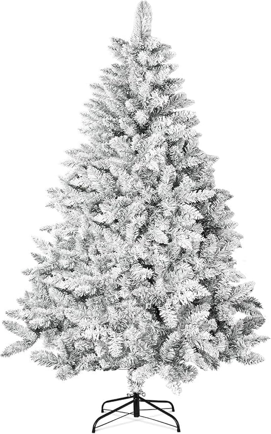 7FT Premium Artificial Christmas Tree, Snow Flocked Hinged Pine Tree with Solid Metal Stand for Outdoor and Indoor Holiday Decor