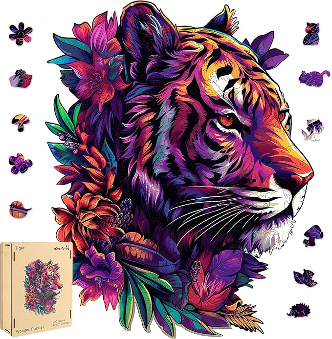 Original Wooden Jigsaw Puzzles-Tiger,200pcs,10x12.6in,Medium,Wooden Puzzles for Adults,Unique Shape Animal Adult Puzzles,Irregular Wood Puzzles Best Gift for Adults and Kids Family Game