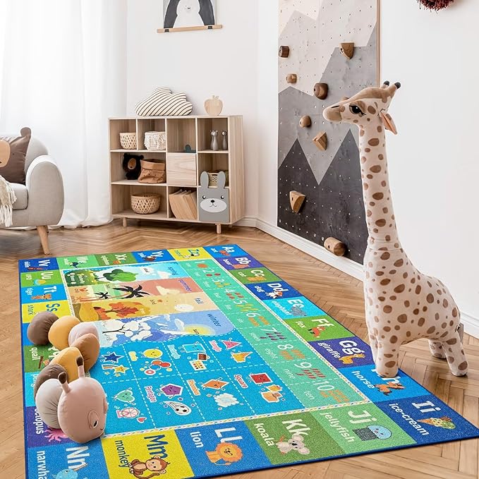 ABC Kids Rug for Playroom, 3x5 Washable Classroom Area Rugs, Toddler Educational Play Mat with Alphabet Numbers Seasons Shapes, Learning Fun for Preschool Children, Blue & Green