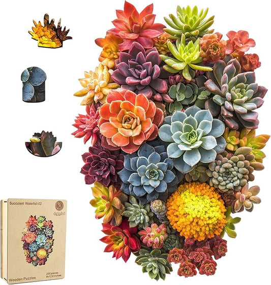delobi Succulent Waterfall Wooden Puzzles, 500 Pieces Jigsaw Puzzles 18.5'' x13.1'', Unique Design Liberty Wooden Puzzles for Adults and Kids, Family Game Gift Royal Size