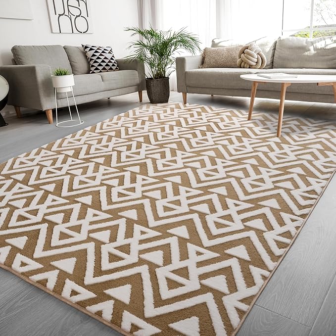 Ompaa Ultra Soft Shaggy Rugs Memory Foam Bedroom Carpet, Beige 7 x 10 Feet Large, Plush Geometric Textured Area Rugs for Living Room Couch Dorm Bedside Kids Girls Teens Room Nursery Decor Floor Mat