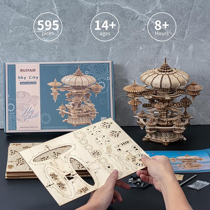 3D Wooden Puzzles for Adults, SkyCity Music Box Model Kit, 600+ Pcs Cityscape Design, Challenging Mechanical DIY Craft, STEM Toy and Unique Gift for All Occasions