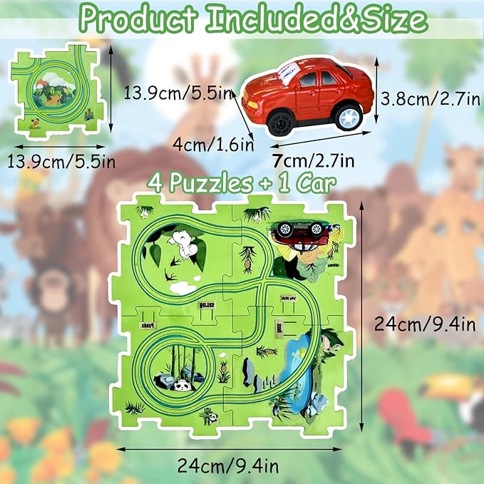 4 Year Old Boy Birthday Gift, Puzzle Racer Kids Car Track Set Puzzle Racer Car Track Set with Roadmap Puzzle Track Car Play Set Toys for 4 Year Old Boys (E-Dinosaur-1, Set3-5Pcs)