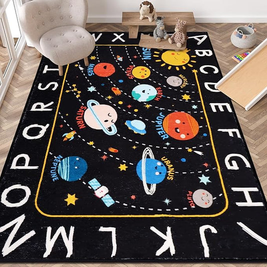 Outer Space ABC Alphabet Educational Rug, 78.7"X59", Non Slip Solar System Galaxy Planets Playroom Rug, Washable Area Rug Carpet for Classroom, Bedroom, Kids Room Decor