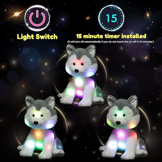 Hopearl LED Plush Husky Light up Stuffed Animal Dog Floppy Puppy Night Lights Glow in The Dark Birthday Festival for Kids Toddler Girls, Gray, 12''