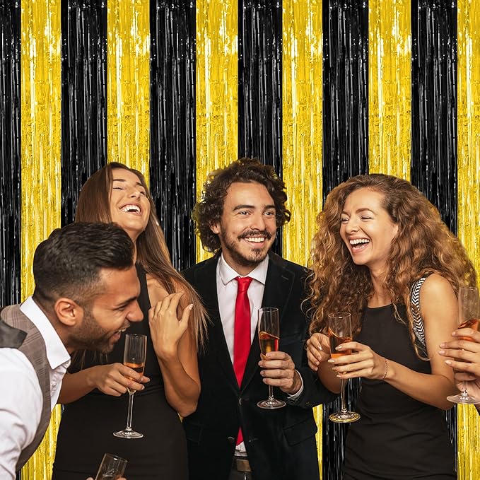 2 Pack Graduation Backdrop, 3.28 FT x 7.05 FT Black and Gold Foil Fringe Curtains, Metallic Foil Curtain Graduation Backdrop, Grad Party Supplies Black and Gold Party Decorations Class of 2025