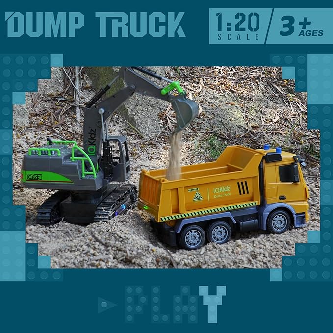 Remote Control Dump Truck Toys - RC Construction Vehicles with Blue Warning Lights, Trucks Toy for Boys Girls 3 4 5-7 8 9 10 Year Old and Up, Best Birthday Gift Ideas for Kids Age 5-10